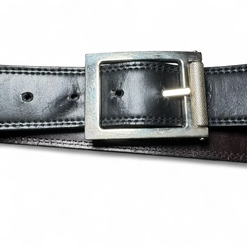 Men’s Size 36 Genuine Leather Reversible Black Brown Belt Silver Buckle